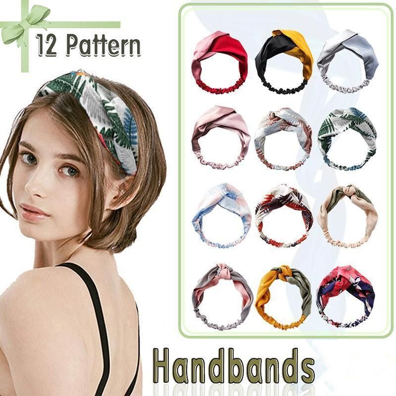 Women Chiffon Floral Print Headband Fashion Bohemian Elastic Cross Hair Bands - Pink+Grey