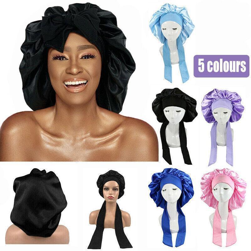 Sleeping Bonnet Hair Wrap Silk Satin Cap Women Elastic Night Hat Soft Headwear - Blue