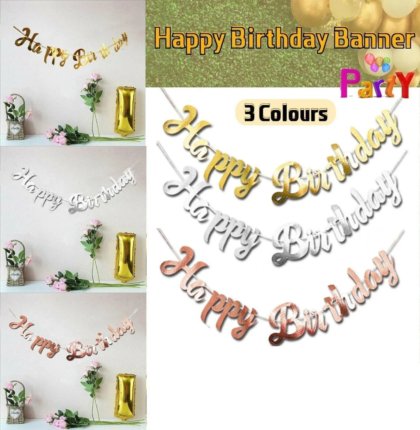 Happy Birthday Party Banner Decorations in Rose Gold Silver or Gold Bunting Garland - Gold