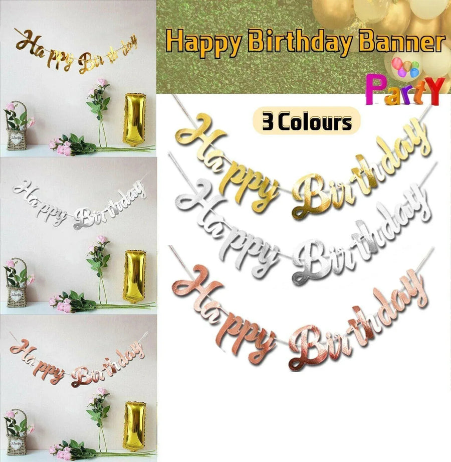 Happy Birthday Party Banner Decorations in Rose Gold Silver or Gold Bunting Garland - Silver