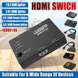 HDMI Switch Splitter 3-in-1 5-in-1 or 1-in-2 1080p 4K Manual or Remote Options - 3 in 1 Switch 1080p Manual