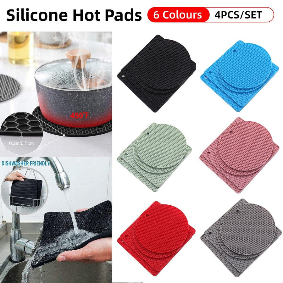 4pcs Silicone Honeycomb Heat Resistant Mats Table Cup Pot Coasters Home Kitchen - Black