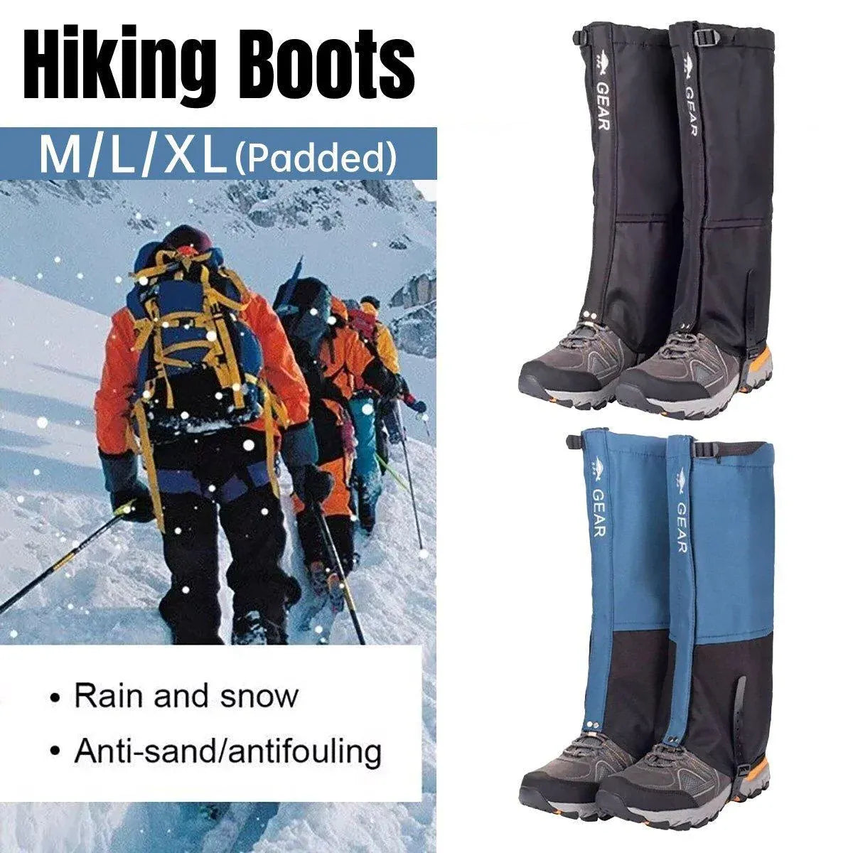 Waterproof Gaiters Snowproof Sandproof Leg Cover Hiking Skiing Outdoor Gear - Black-M
