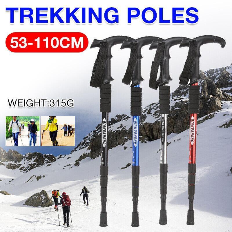 Folding Walking Stick Telescopic Adjustable Antishock Hiking Grip Pole Trekking - Red