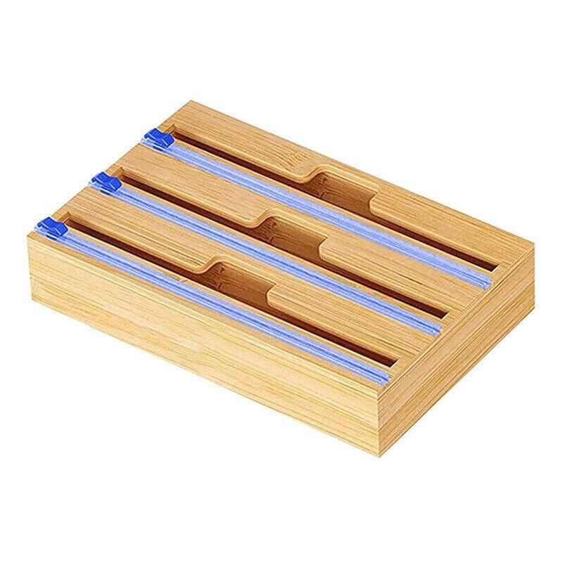 Bamboo Food Wrap Dispenser Cutter Foil Cling Film Storage Holder Box Kitchen Au - L