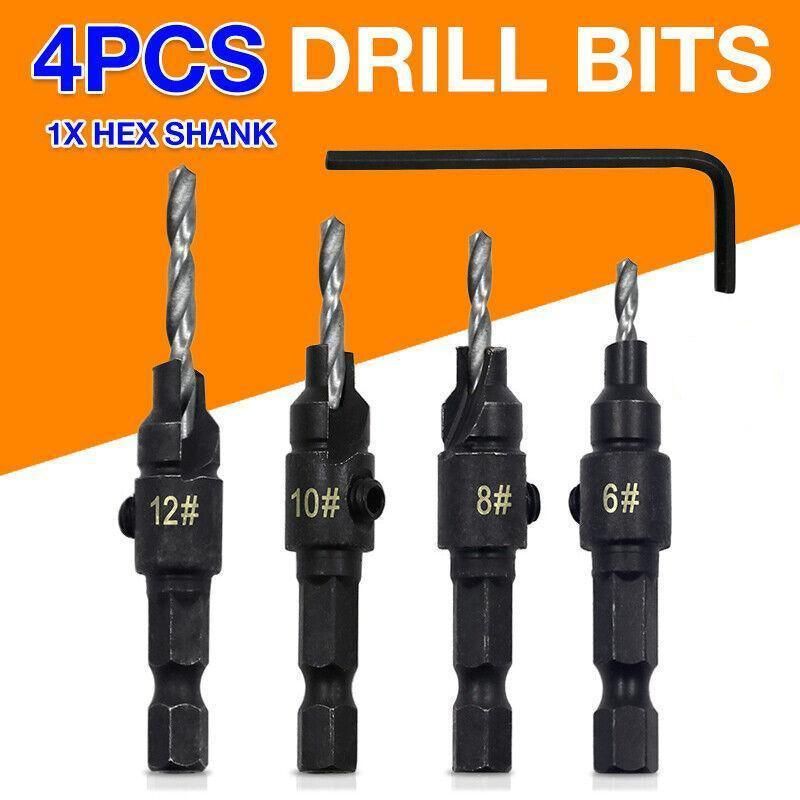 4PCS Countersink Drill Bit Set Woodworking Pilot Hole Hex Shank Tool