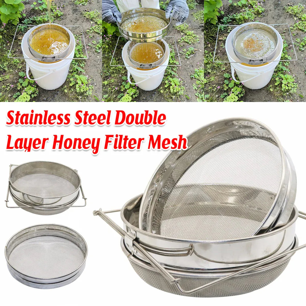 Honey Filter Double Sieve Screen Stainless Steel Strainer Beekeeping Equipment