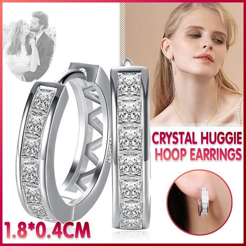 925 Sterling Silver Filled Clear Zircon Crystal Huggie Hoop Earrings