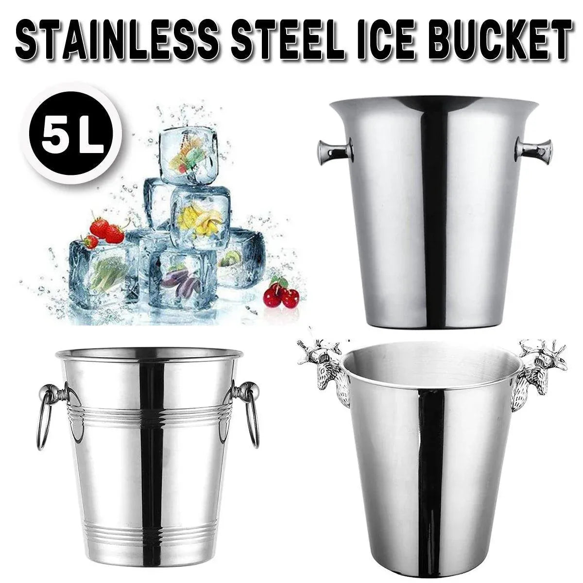 5L Stainless Steel Ice Bucket Champagne Wine Bucket Hotel Bar Ice Container - Silver Handle