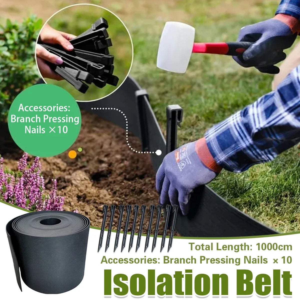 10m Garden Lawn Edging Border 10m Flexible PE Strip with Stakes Landscaping