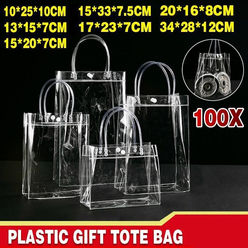 100x PVC Transparent Gift Tote Bag with Snap Button for Packaging - 13*15*7cm
