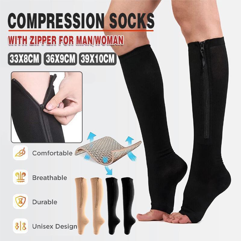 Zip Sox Compression Socks Zipper Leg Support Knee Open Toe Shaper Stockings Beige - S/M
