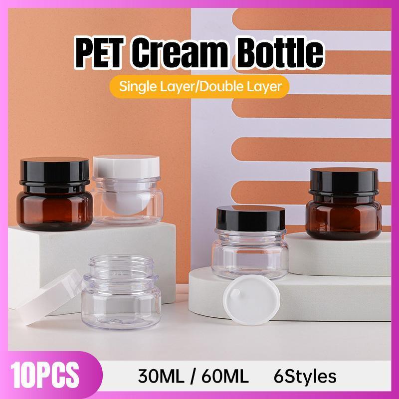 10pcs PET Plastic Cosmetic Bottles Refillable Travel Face Cream Containers - 60ml-Transparent+White-Single