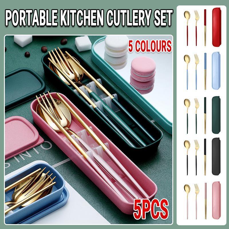 5PC Stainless Steel Portable Cutlery Set -  Fork Spoon for Travel & Picnic - Black