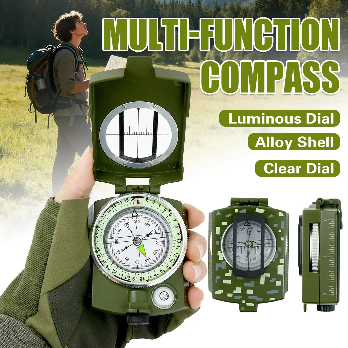 Multi-Function High Precision Compass Durable Luminous for Outdoor Hiking Camping
