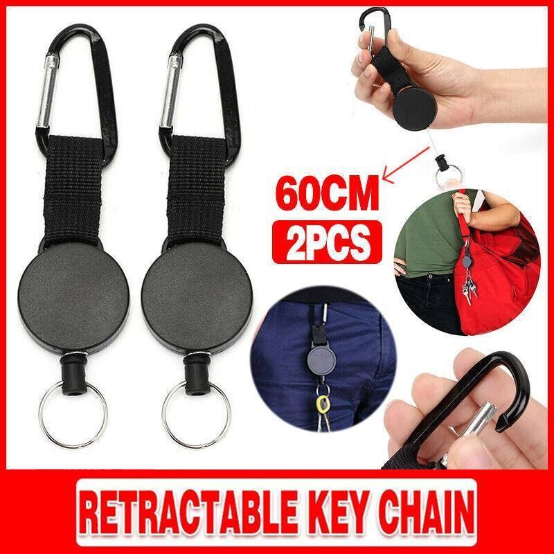 2PCS Retractable Keychain with Carabiner Clip and 60cm Steel Wire Pull Cord