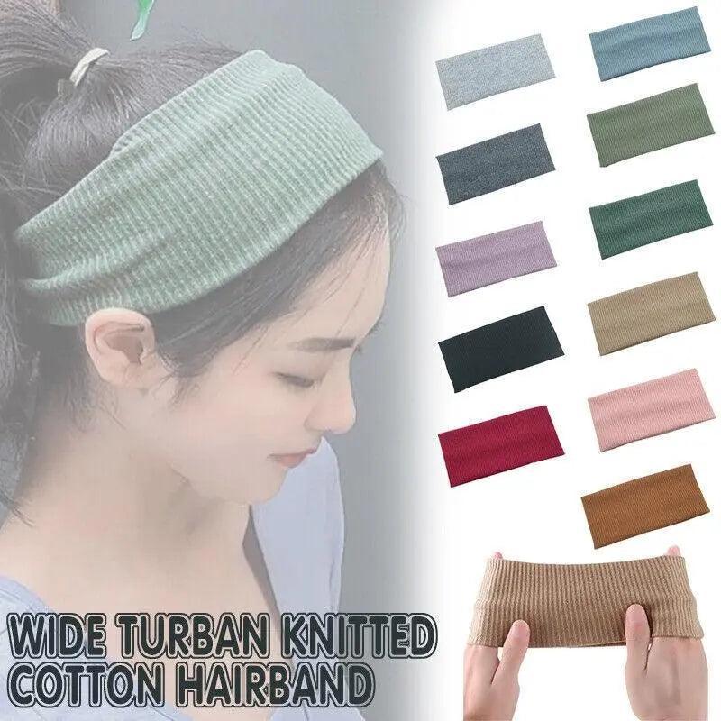 Women Headband Solid Wide Turban Knitted Cotton Hairband Girls Elastic Hair Band - Cyan