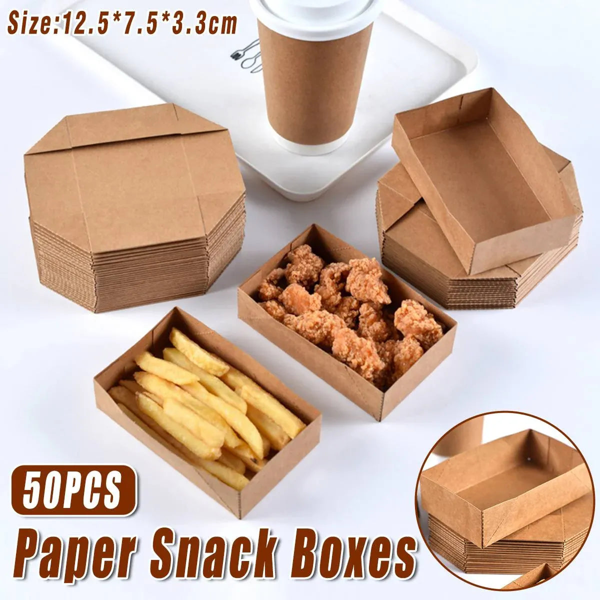 50Pcs Kraft Paper Packing Boxes for Fried Food Burger Chicken Rice Cereal Trays
