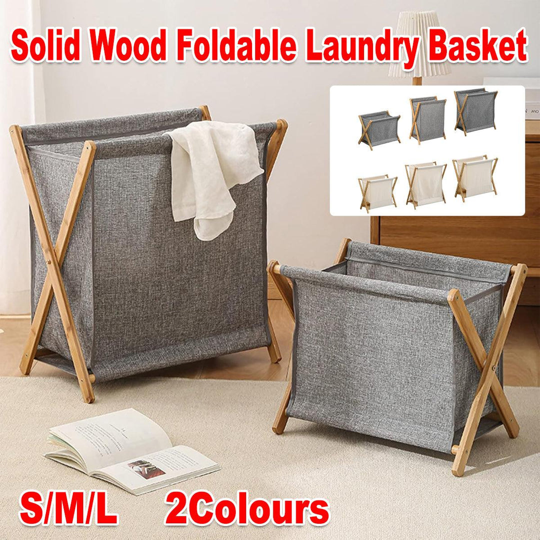 Wooden Collapsible Laundry Basket Dirty Clothes Storage Household Organizer - Beige-S