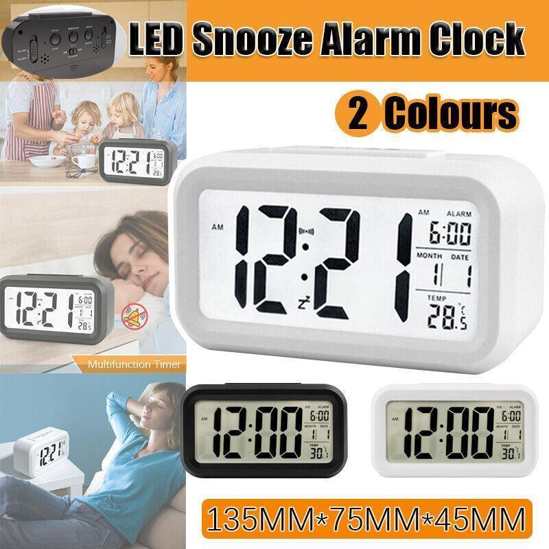 Digital Bedside Led Snooze Alarm Clock Time Temperature Day/Night Desktop Clock - White