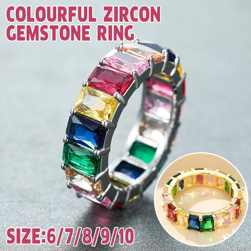 Rainbow Zircon Gemstone Ring Women's Stainless Steel Colourful Ring Size 6-10 - Gold-Multicolor-6