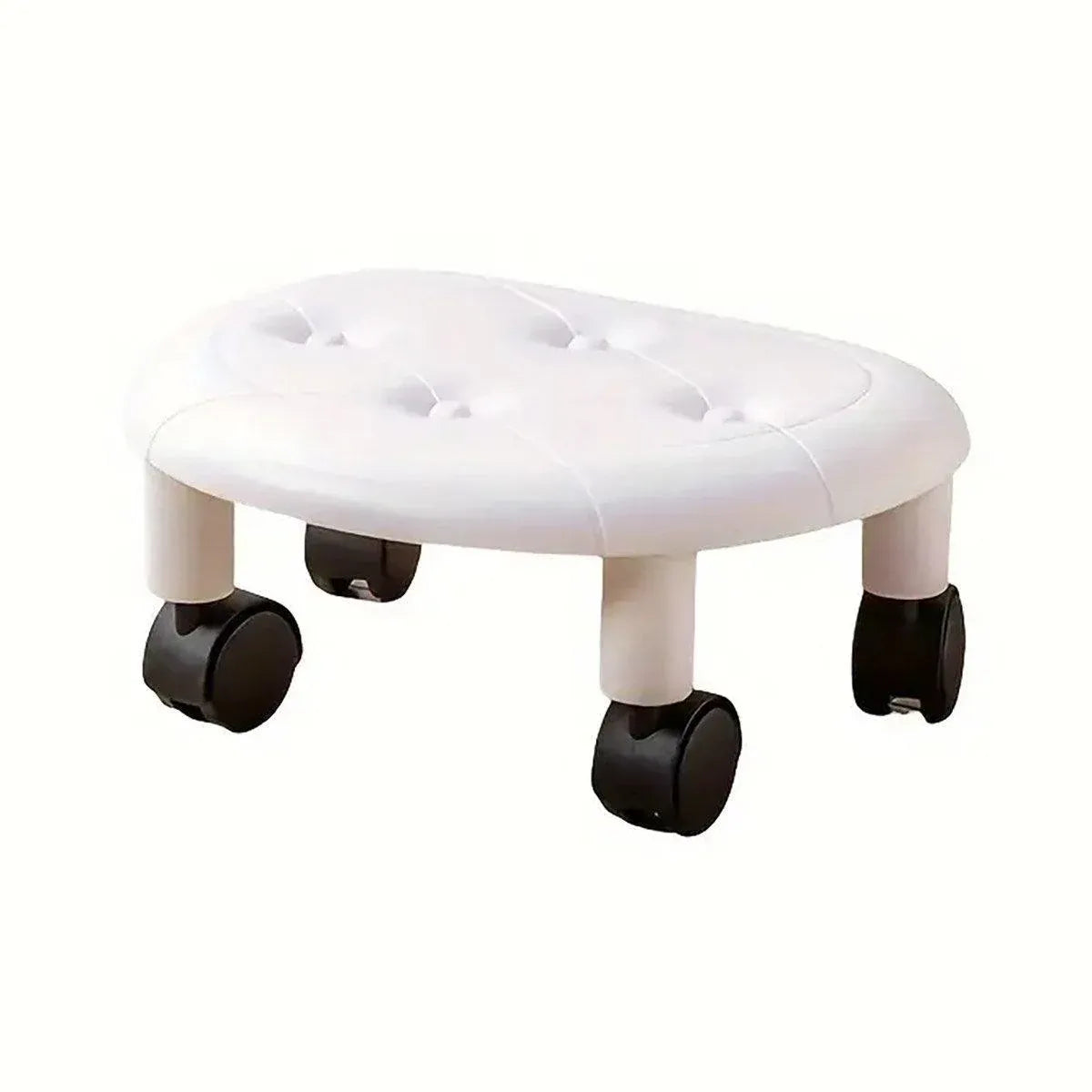 Imitation Leather Low Stool with Wheels Modern Bedroom Living Room Plastic Bench - White