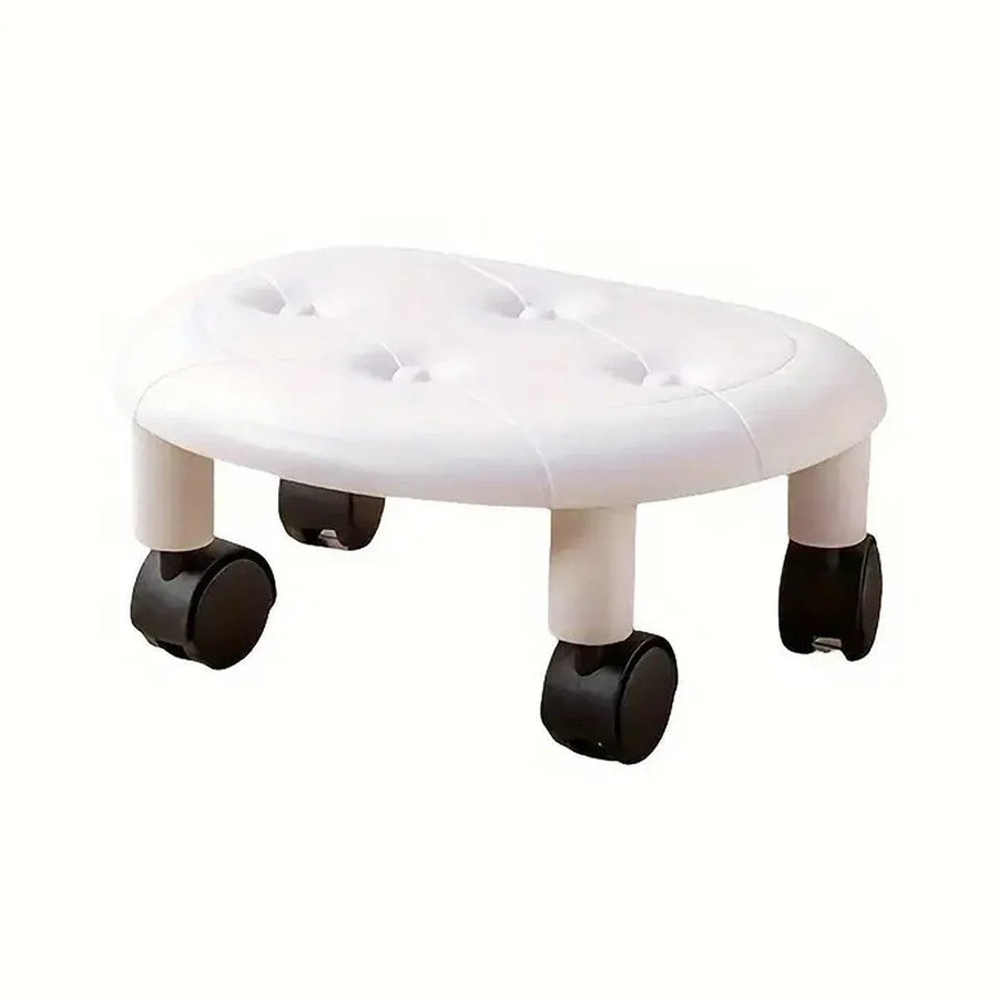 Imitation Leather Low Stool with Wheels Modern Bedroom Living Room Plastic Bench - White