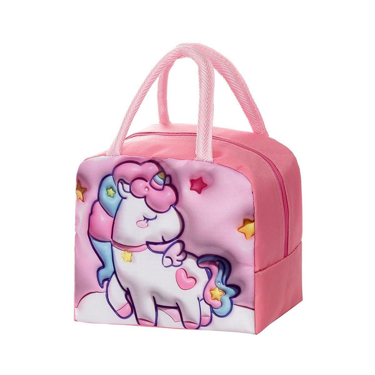 Cute 3D Cartoon Insulated Lunch Bag Oxford Fabric Bento Tote for School Use - Pink Rainbow Unicorn