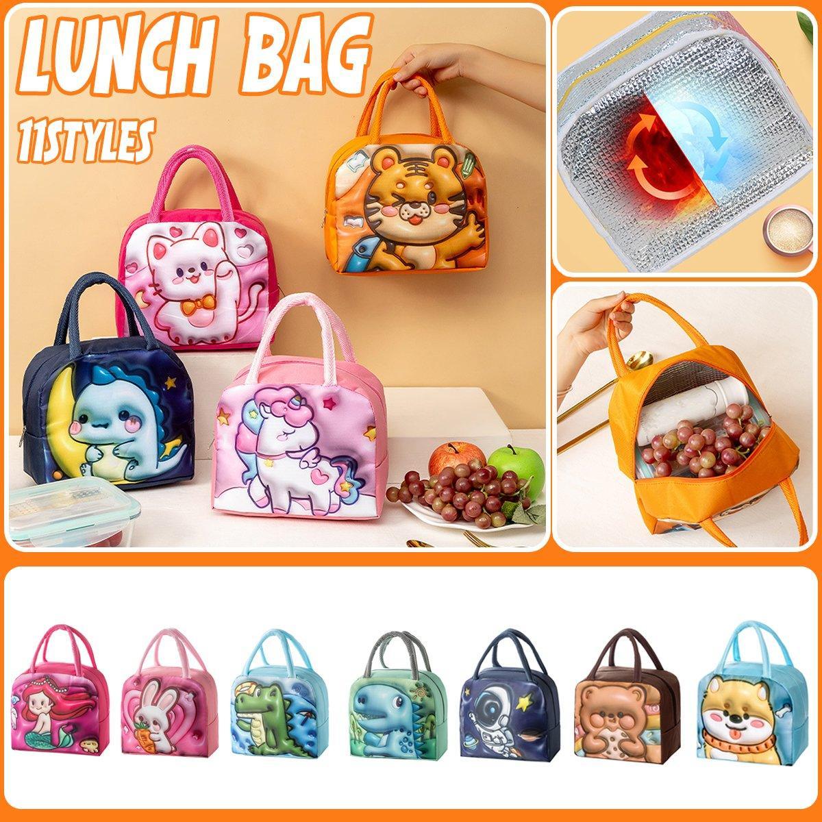 Cute 3D Cartoon Insulated Lunch Bag Oxford Fabric Bento Tote for School Use - Rose Kitten