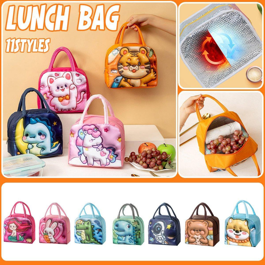 Cute 3D Cartoon Insulated Lunch Bag Oxford Fabric Bento Tote for School Use - Navy Blue Dinosaur