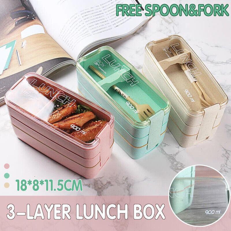 Lunch Box 3-Layer Bento Food Container 900ml with Spoon Fork Portable Student Use - Pink
