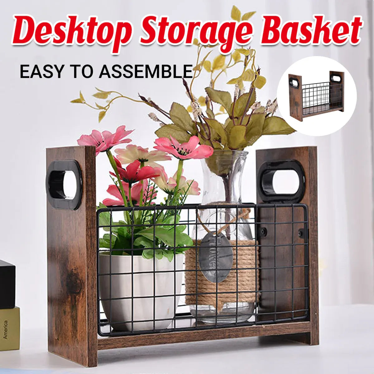 Wooden Desktop Storage Basket Wire Iron Combination Organiser Rustic 29x12x23cm
