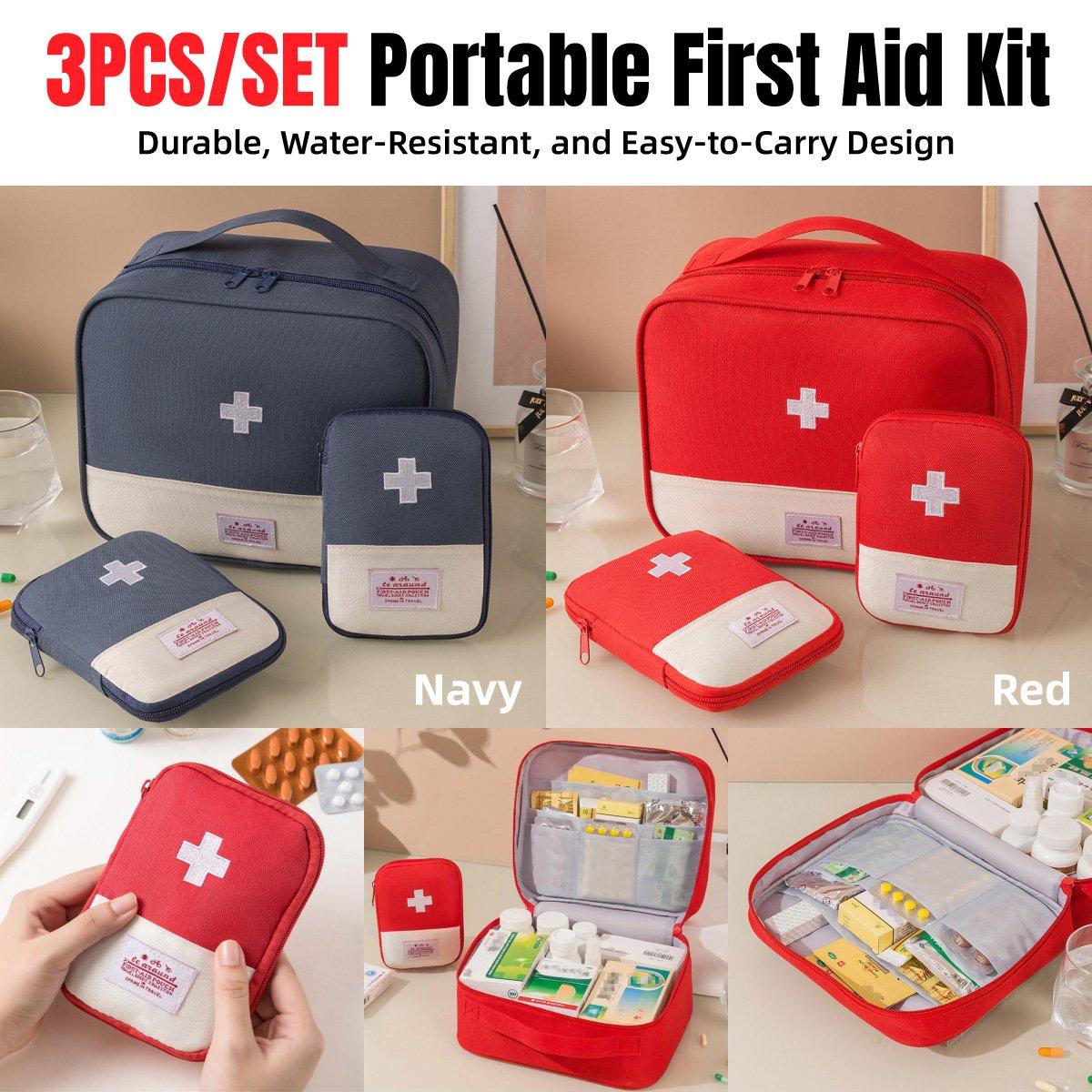 Set of 3 Portable Travel Medical Bags Organiser for Home Emergency Storage Use - Red
