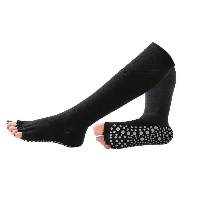 Women Long Massage Pilates Socks Yoga Socks Non Slip Socks Medium Open - Medium Open Toe Black