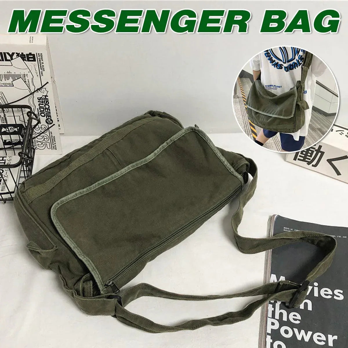Green Messenger Shoulder Bag for Men Women Casual Work Travel and Daily Use