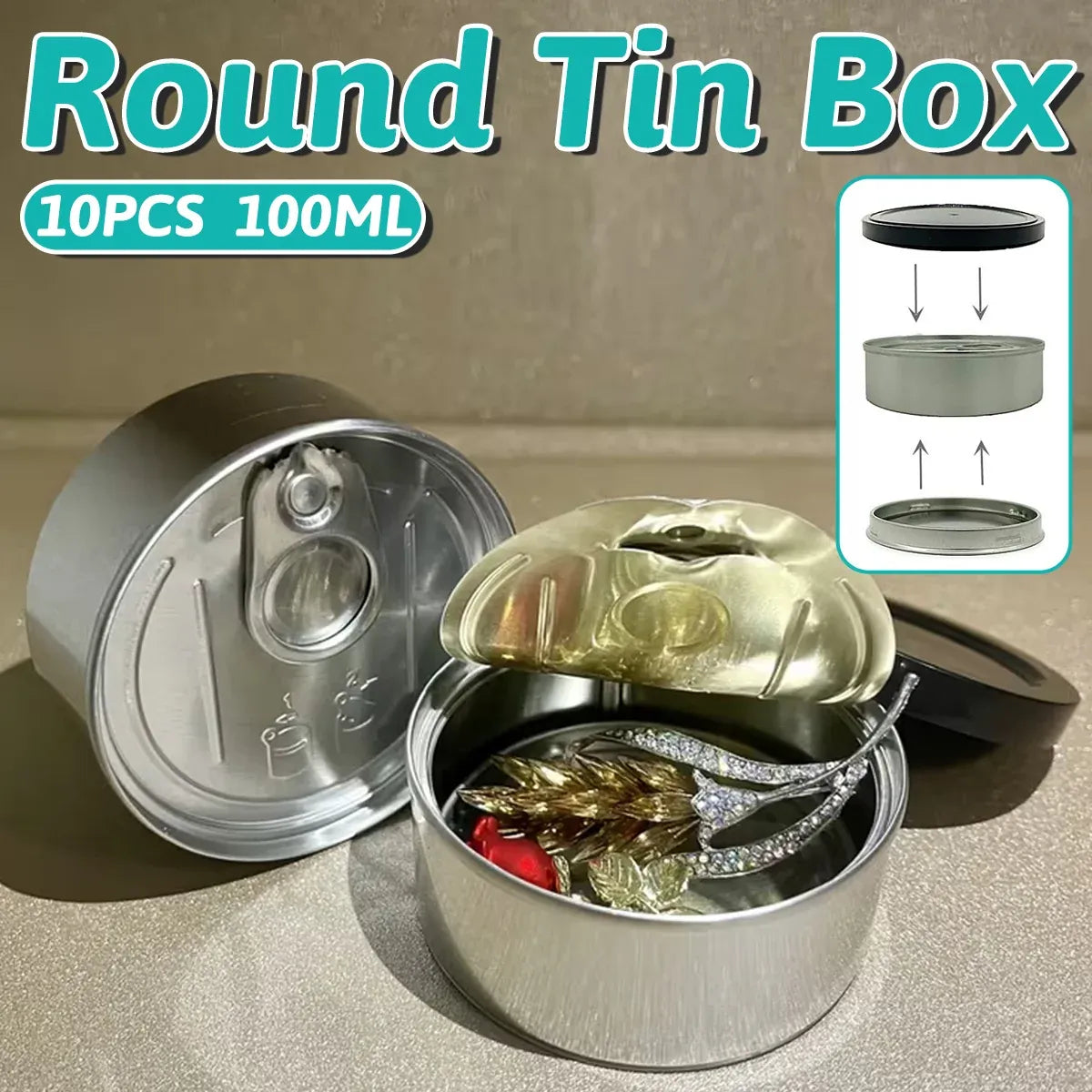 Round Tin Storage Box 100ml Easy Pull Lid Metal Container 10pcs Small Parts