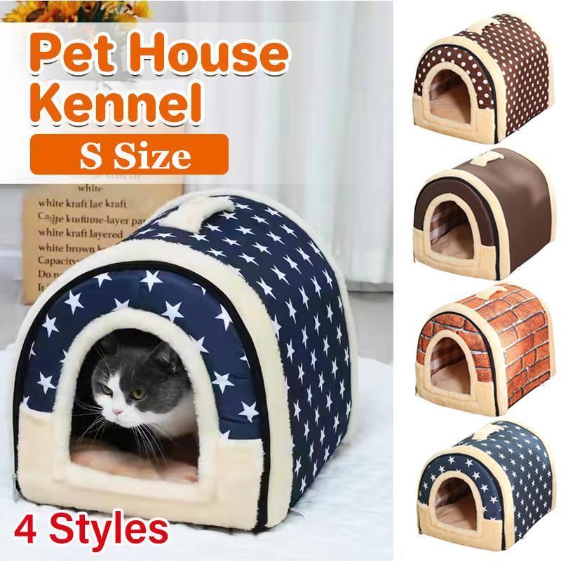 S Size Pet House Kennel Soft Igloo Beds Cave Cat Puppy Bed Warm Cushion Fold - Brown Dots