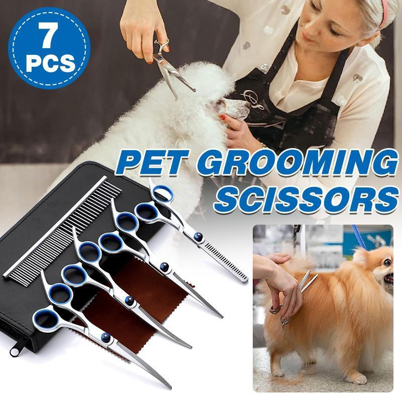 7PCS Pet Grooming Scissors Set Straight Curved Dog Cat Cutting Thinning Shears
