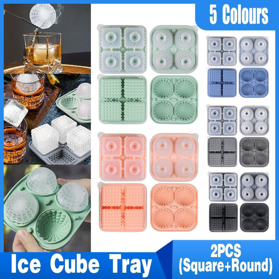 2PCS Silicone Ice Cube Tray Round and Square Ice Ball Maker for Whiskey Cocktails - Grey