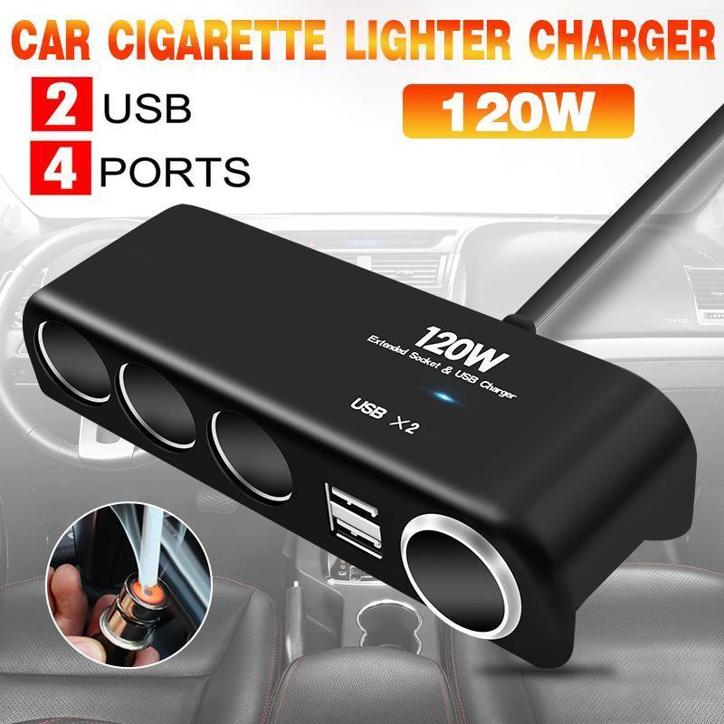 4 Way Car Cigarette Lighter Splitter with Dual USB Charger Adapter 12V 24V 120W