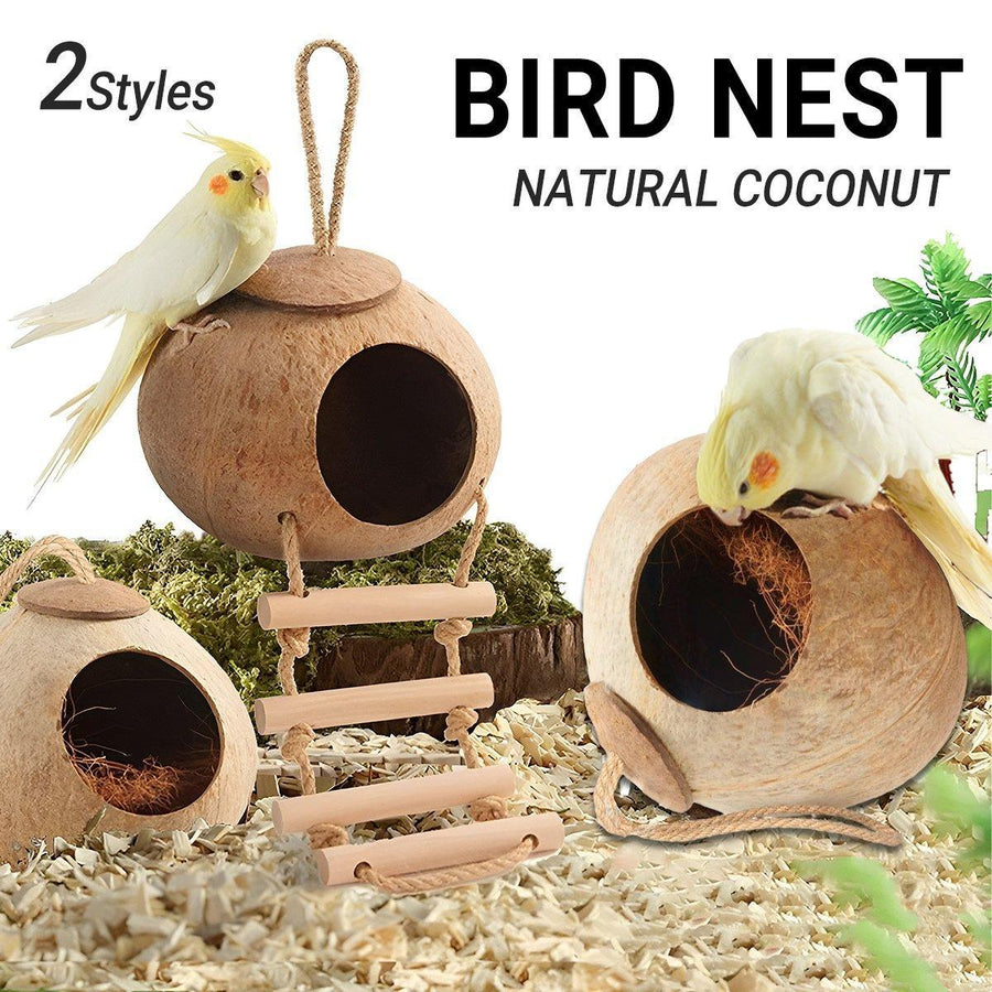 Natural Coconut Bird Nest Cage Pet Parrot Parakeet Safe Hut Feeder Shell Home - Stairs type