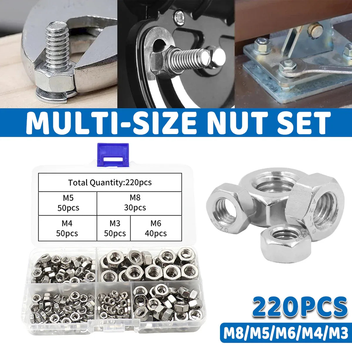 Stainless Steel Nuts 220pcs Nut Sets Hardware Fasteners Assortment Kit Nuts