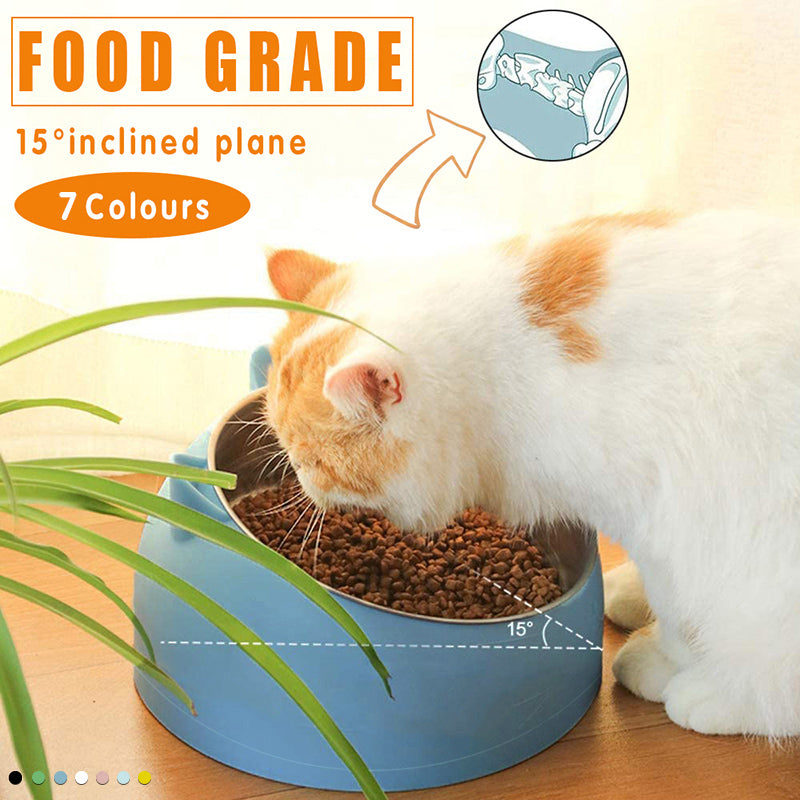 Pet Dog Cat Food Bowl Raised No Slip Stainless Steel Tilted Water Food Feeder - Black