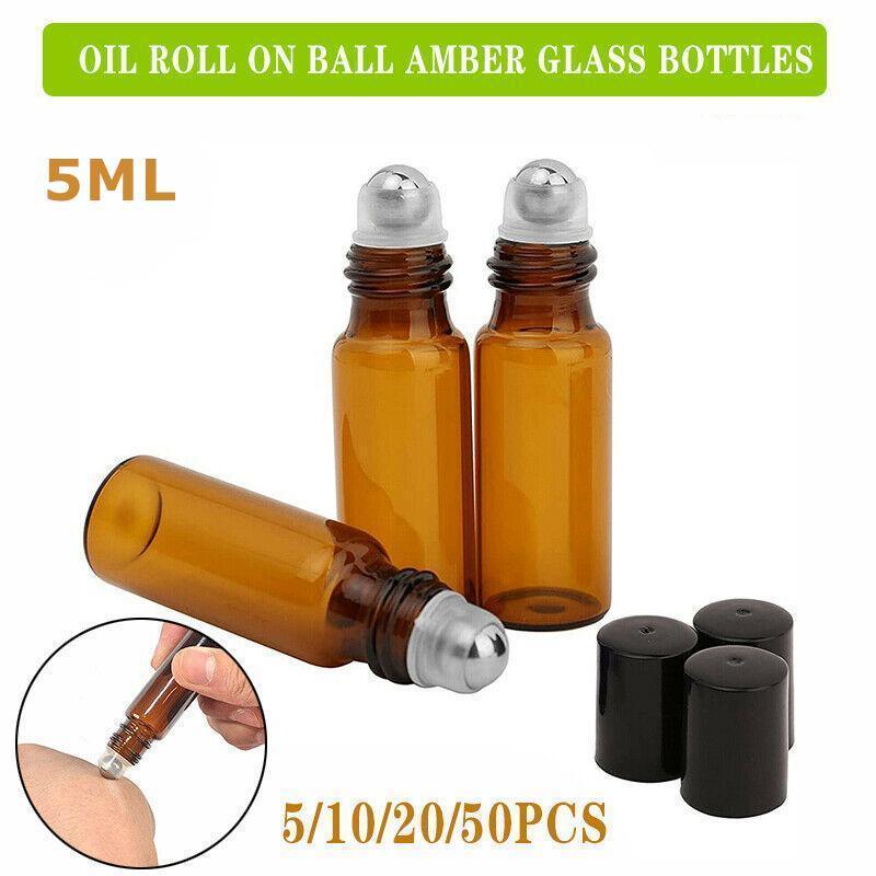 5ml Roller Rollerball Perfume Essential Oil Roll On Ball Amber Glass Bottle - 10PCS