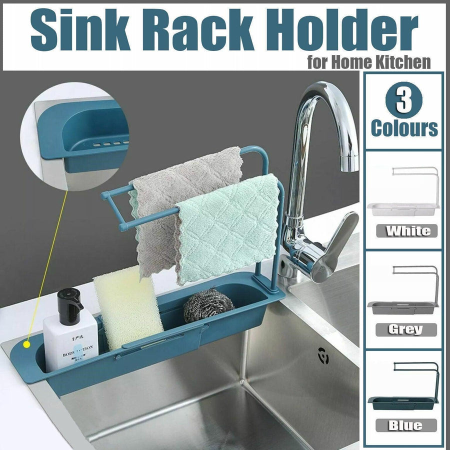 Telescopic Sink Rack Holder Expandable Storage Drain Basket Home Kitchen Kit - White