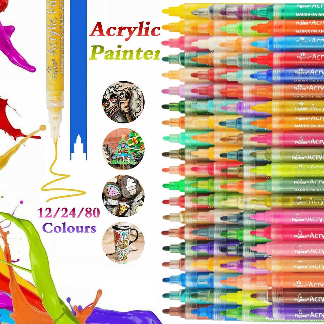 Flysea 12-80 Colours Acrylic Paint Pens Painting Stone Ceramic Glass Markers 0.7 - Black*6 Set