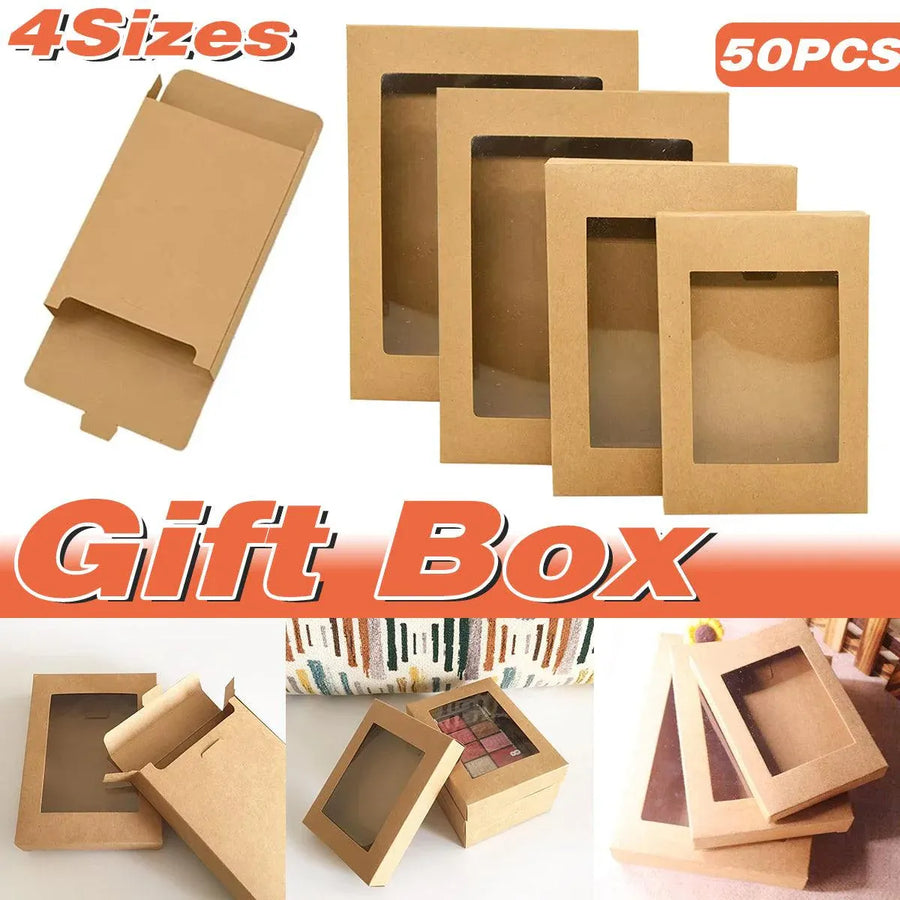 50PCS Kraft Paper Gift Boxes with PVC Window White Black Bakery Packaging Carton - M
