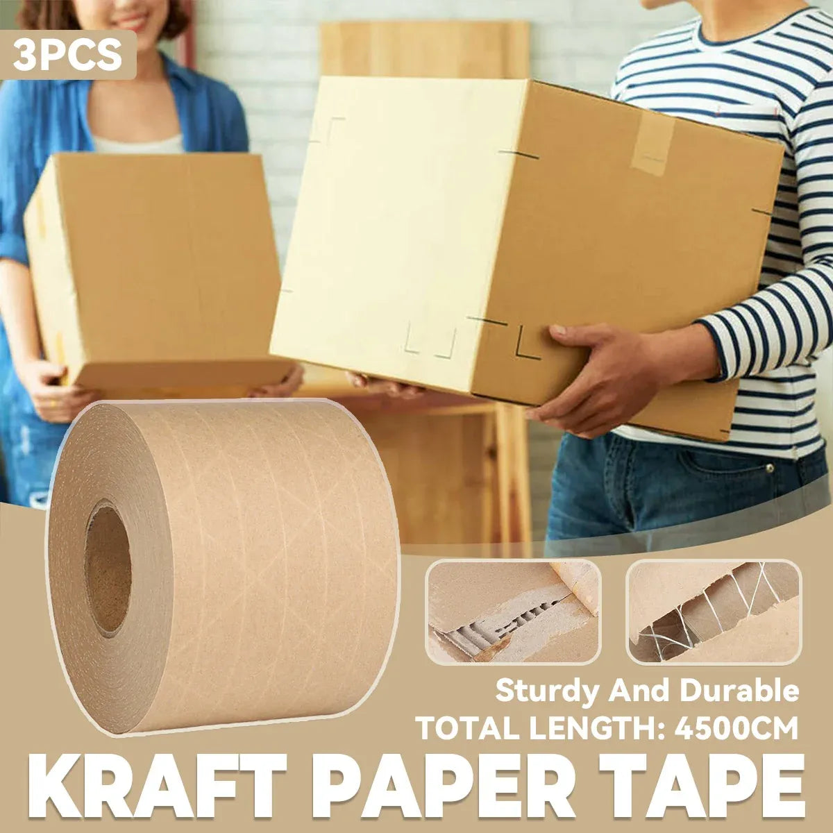 3 Rolls Wet Strength Kraft Paper Tape Easy to Tear Writeable