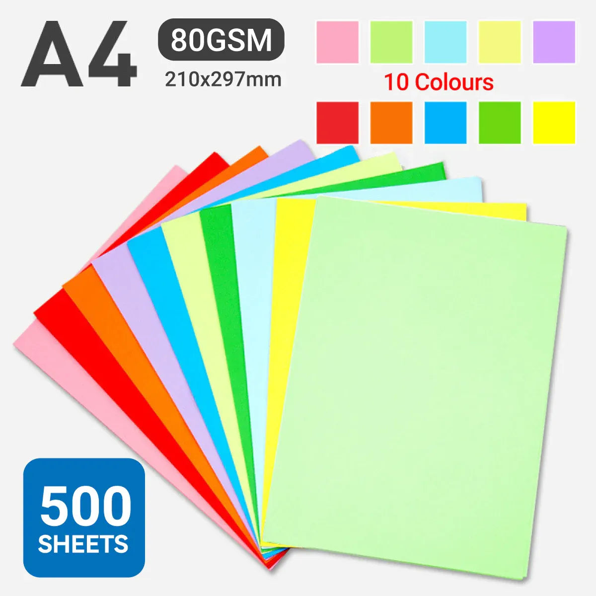 A4 Coloured Paper 70/80GSM Multi Colours for Craft Scrapbook School Project - 10-Colour