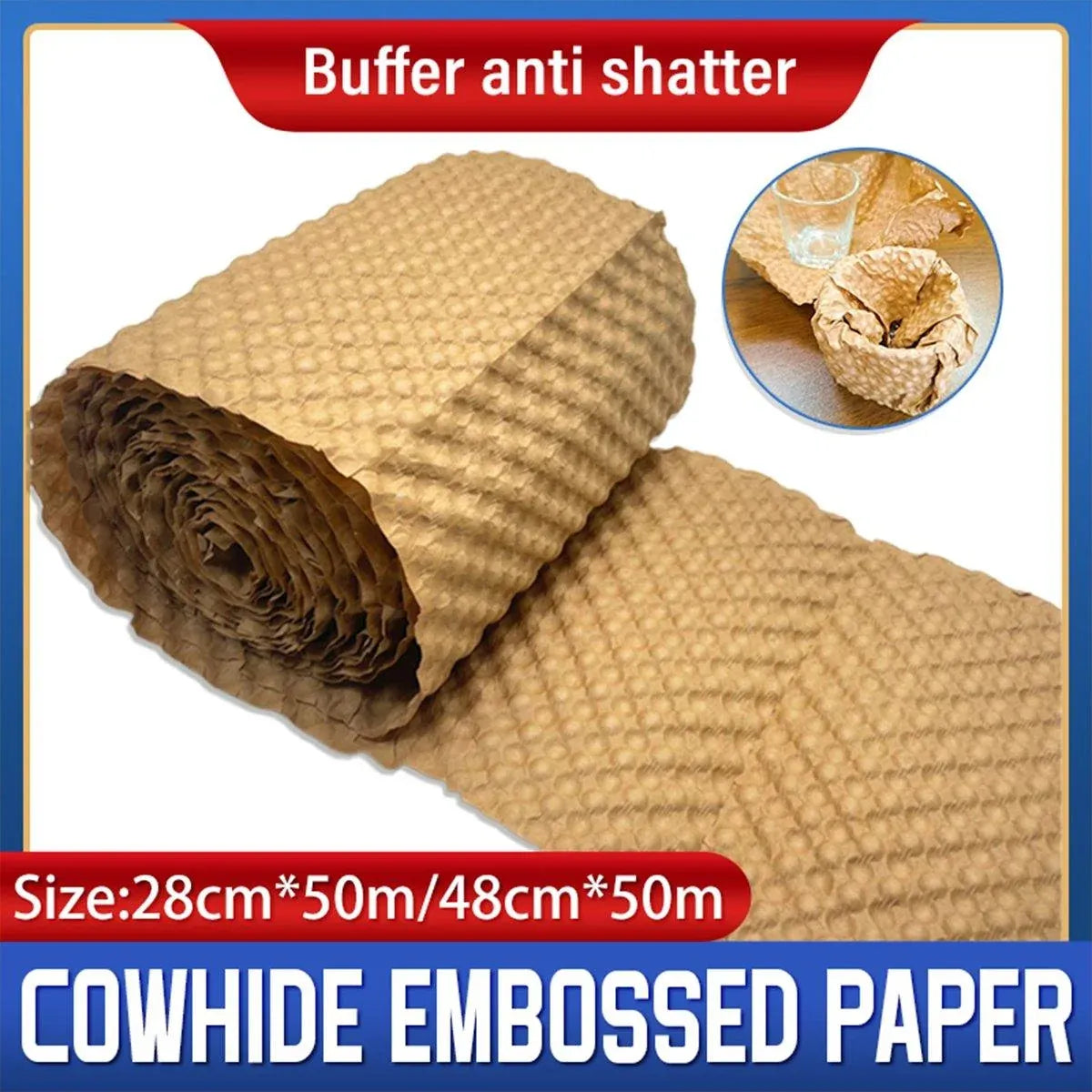 Cowhide Pressure Bubble Paper Roll Shock Absorbing Biodegradable Cushioning Wrap - 48x50m